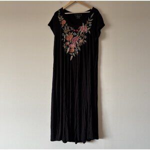 Caite Maxi Dress Floral Embroidery Size XL Black Resort Boho Hippie Stretch